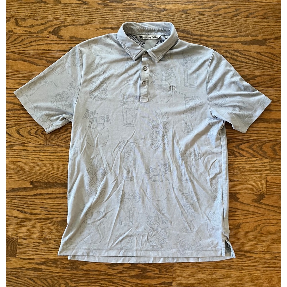 TravisMathew Mens Grey Tropical Pineapple Cocktail Print Polo Shirt Medium